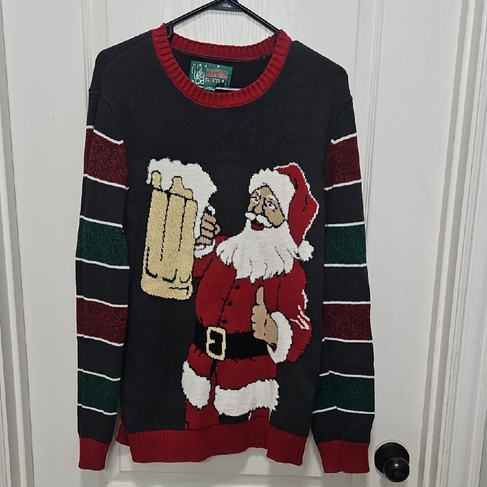 Ugly Christmas Sweater Men's Black Red Santa Holding Beer Crewneck